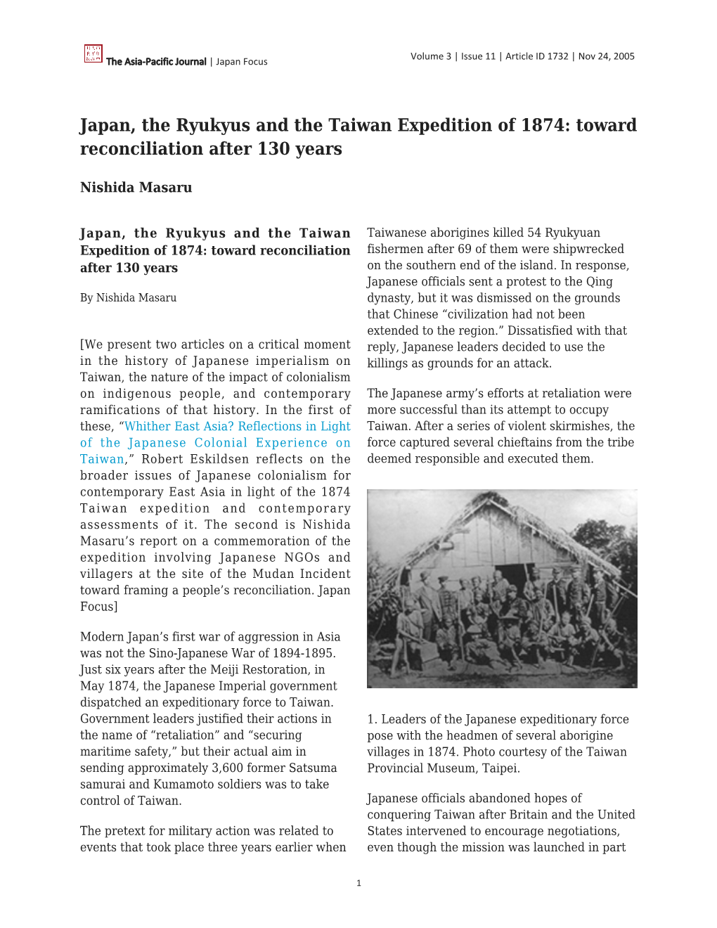 Japan, the Ryukyus and the Taiwan Expedition of 1874: Toward Reconciliation After 130 Years