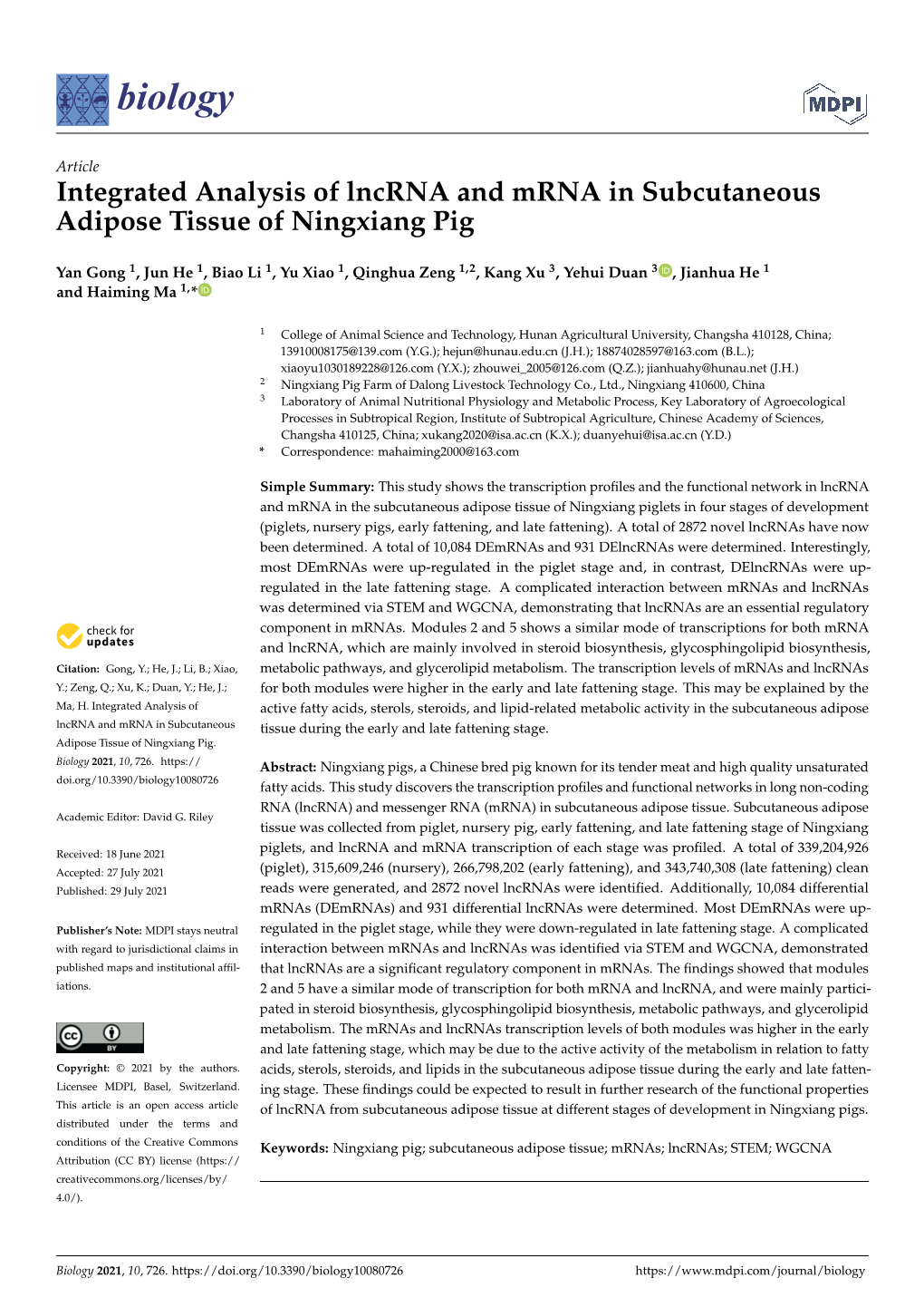 Integrated Analysis of Lncrna and Mrna in Subcutaneous Adipose Tissue of Ningxiang Pig