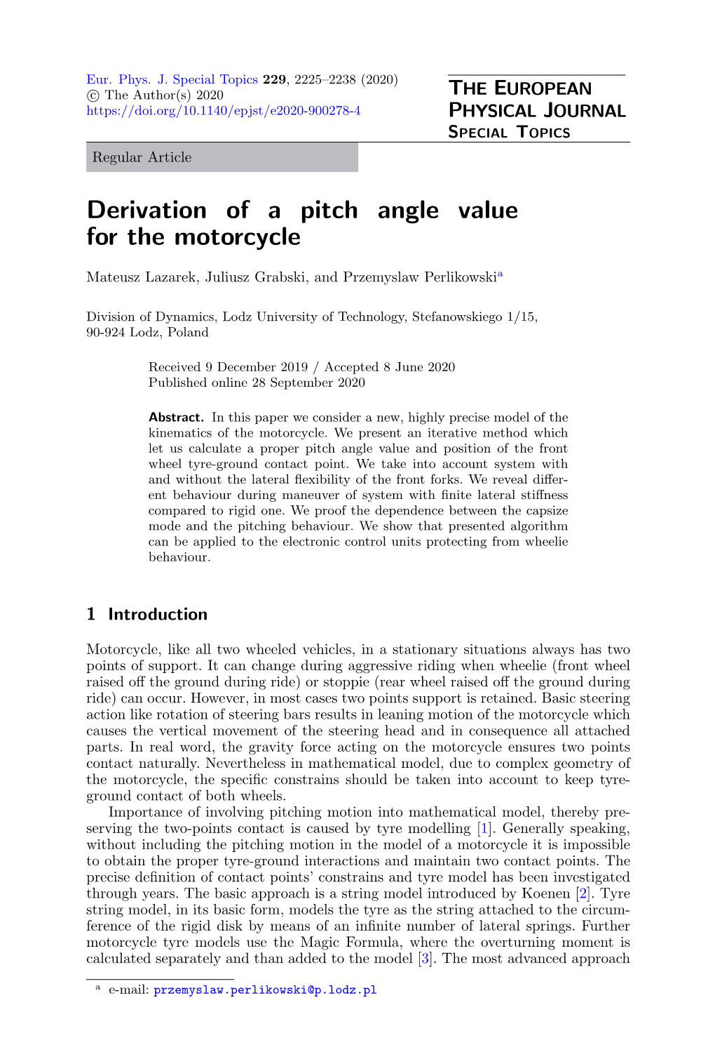 Derivation of a Pitch Angle Value for the Motorcycle