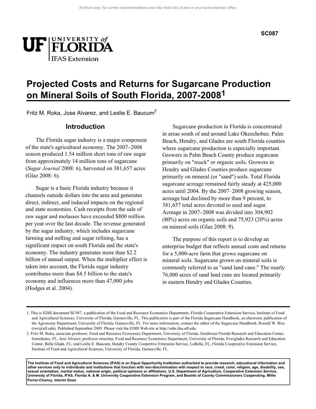 Projected Costs and Returns for Sugarcane Production on Mineral Soils of South Florida, 2007-20081