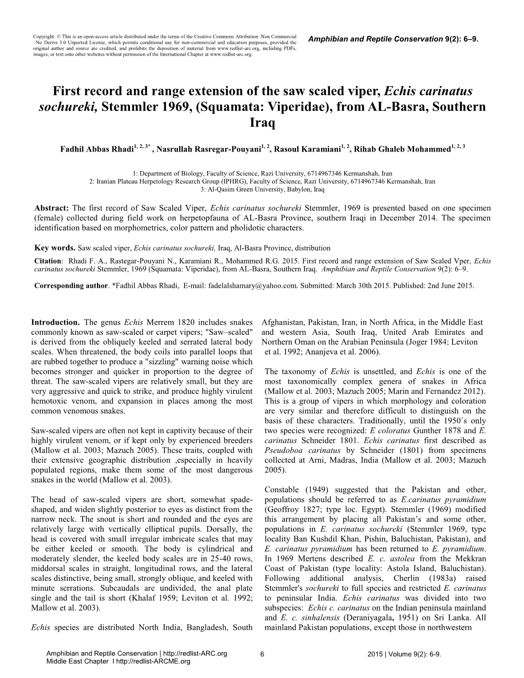 First Record and Range Extension of the Saw Scaled Viper, Echis Carinatus Sochureki, Stemmler 1969, (Squamata: Viperidae), from AL-Basra, Southern Iraq