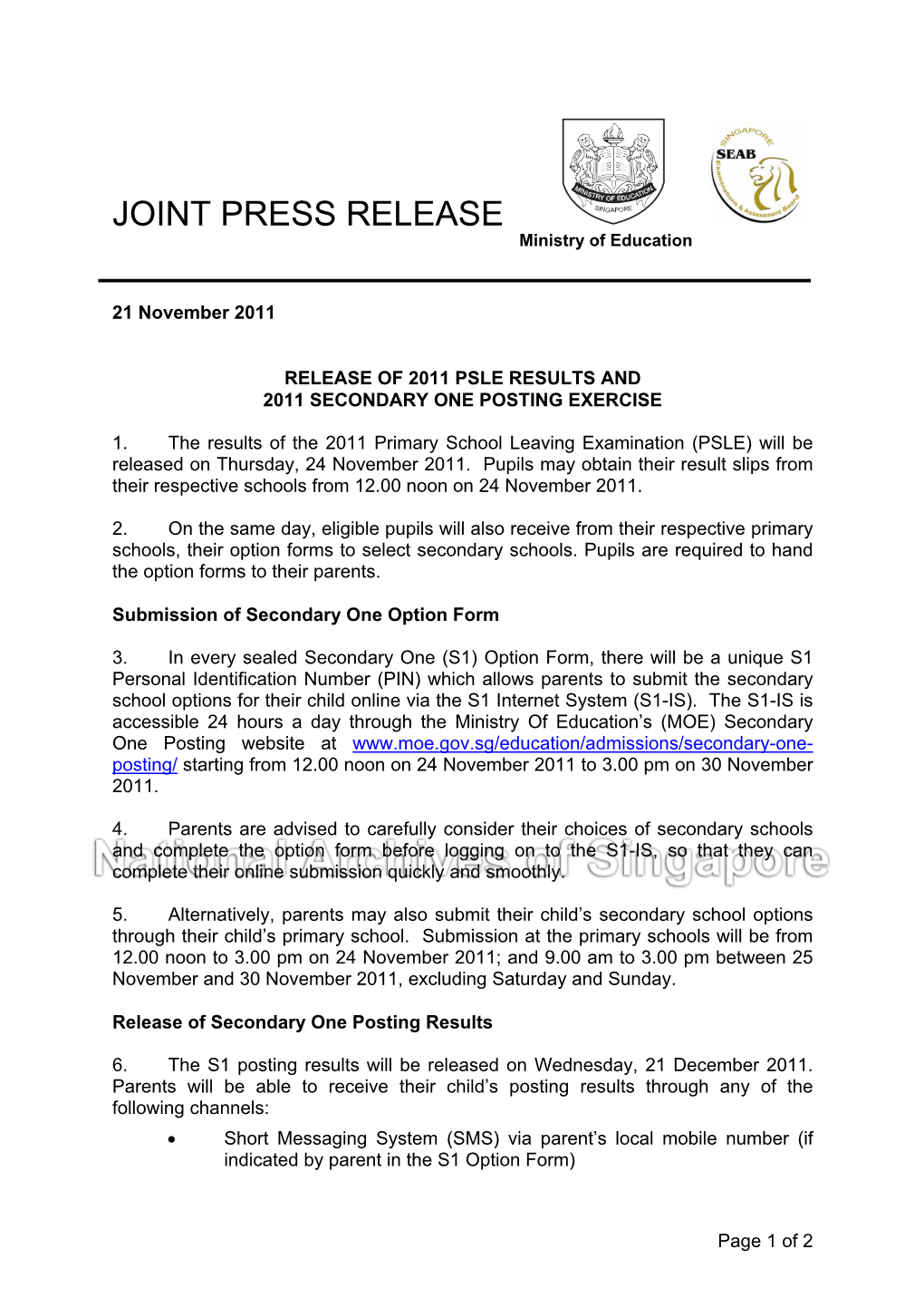 JOINT PRESS RELEASE Ministry of Education