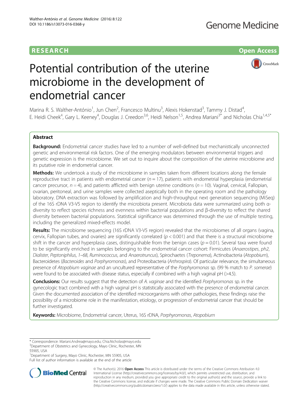 Potential Contribution of the Uterine Microbiome in the Development of Endometrial Cancer Marina R