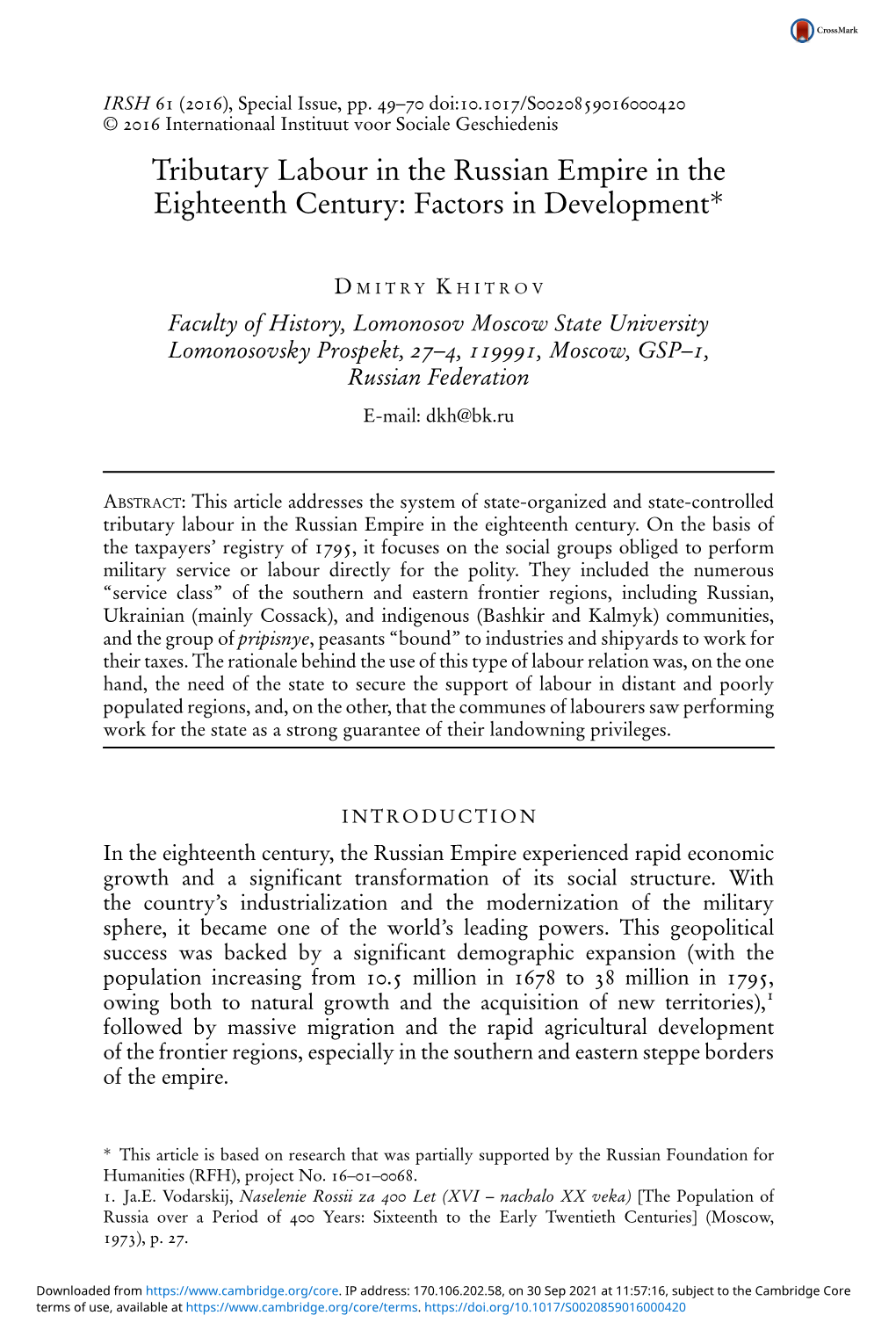 Tributary Labour in the Russian Empire in the Eighteenth Century: Factors in Development*