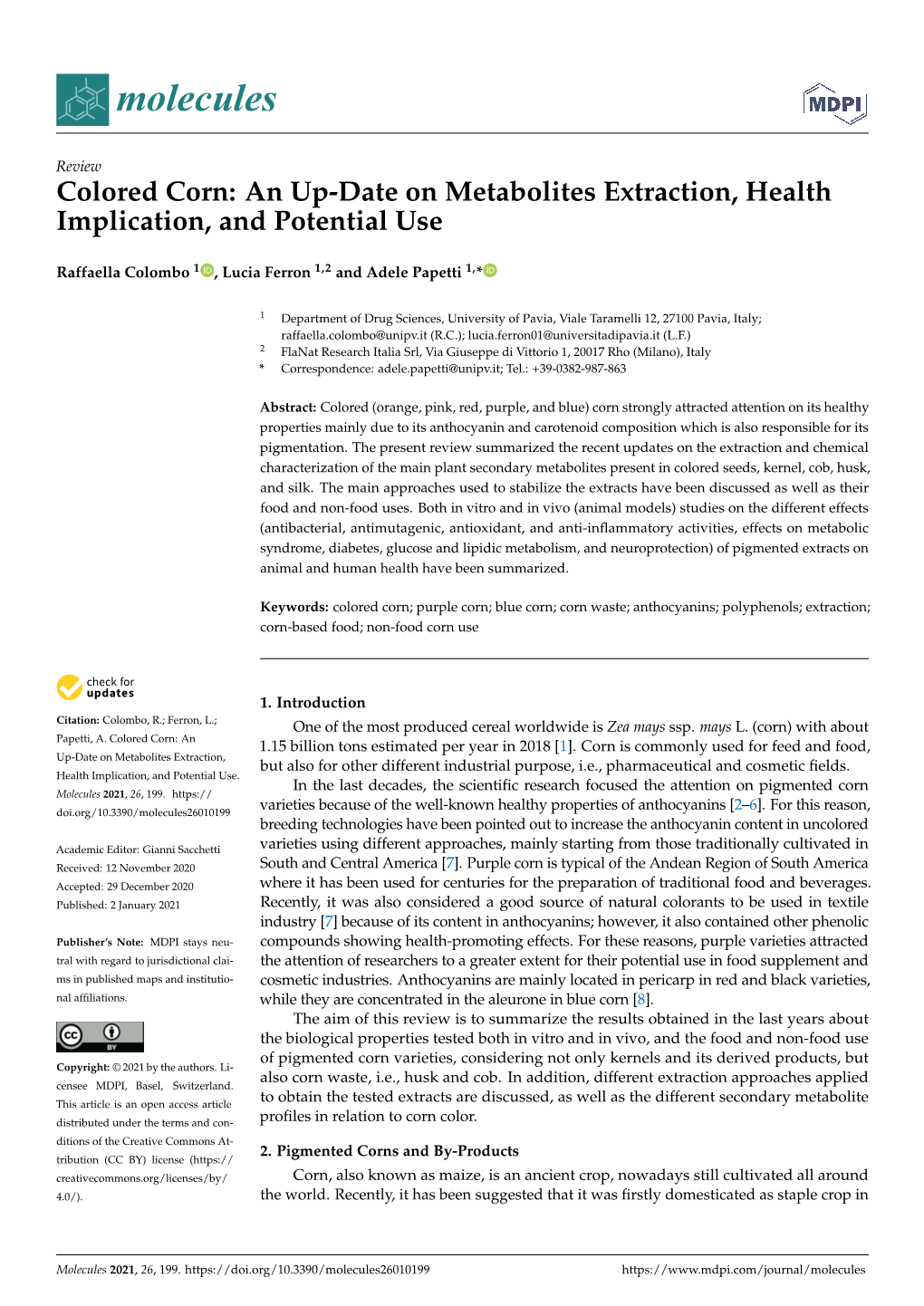 Colored Corn: an Up-Date on Metabolites Extraction, Health Implication, and Potential Use