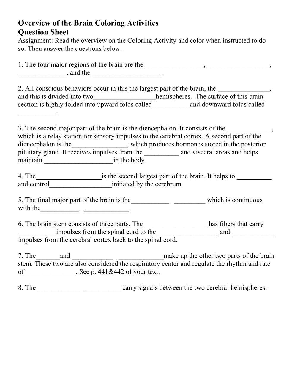 Nervous System Coloring Activities Question Sheet