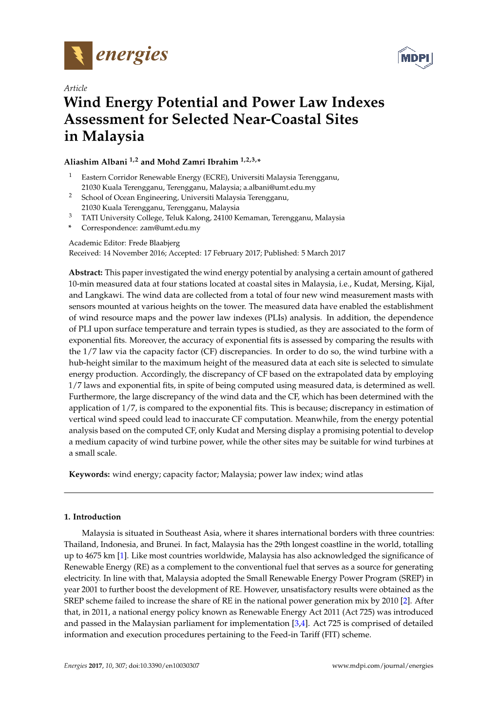 Wind Energy Potential and Power Law Indexes Assessment for Selected Near-Coastal Sites in Malaysia