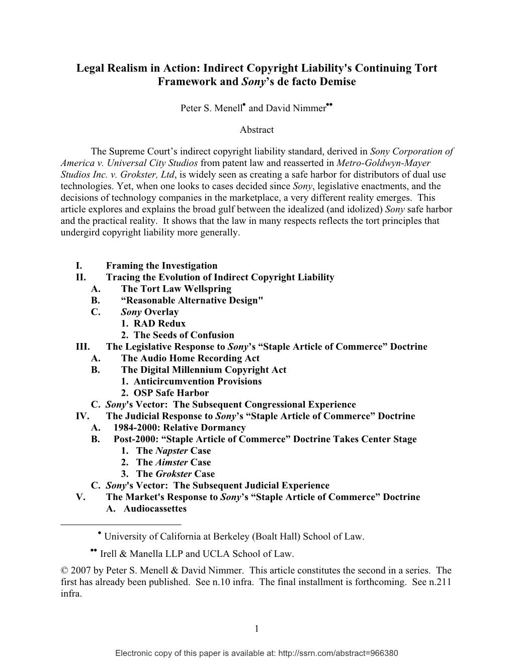 Legal Realism in Action: Indirect Copyright Liability's Continuing Tort Framework and Sony's De Facto Demise