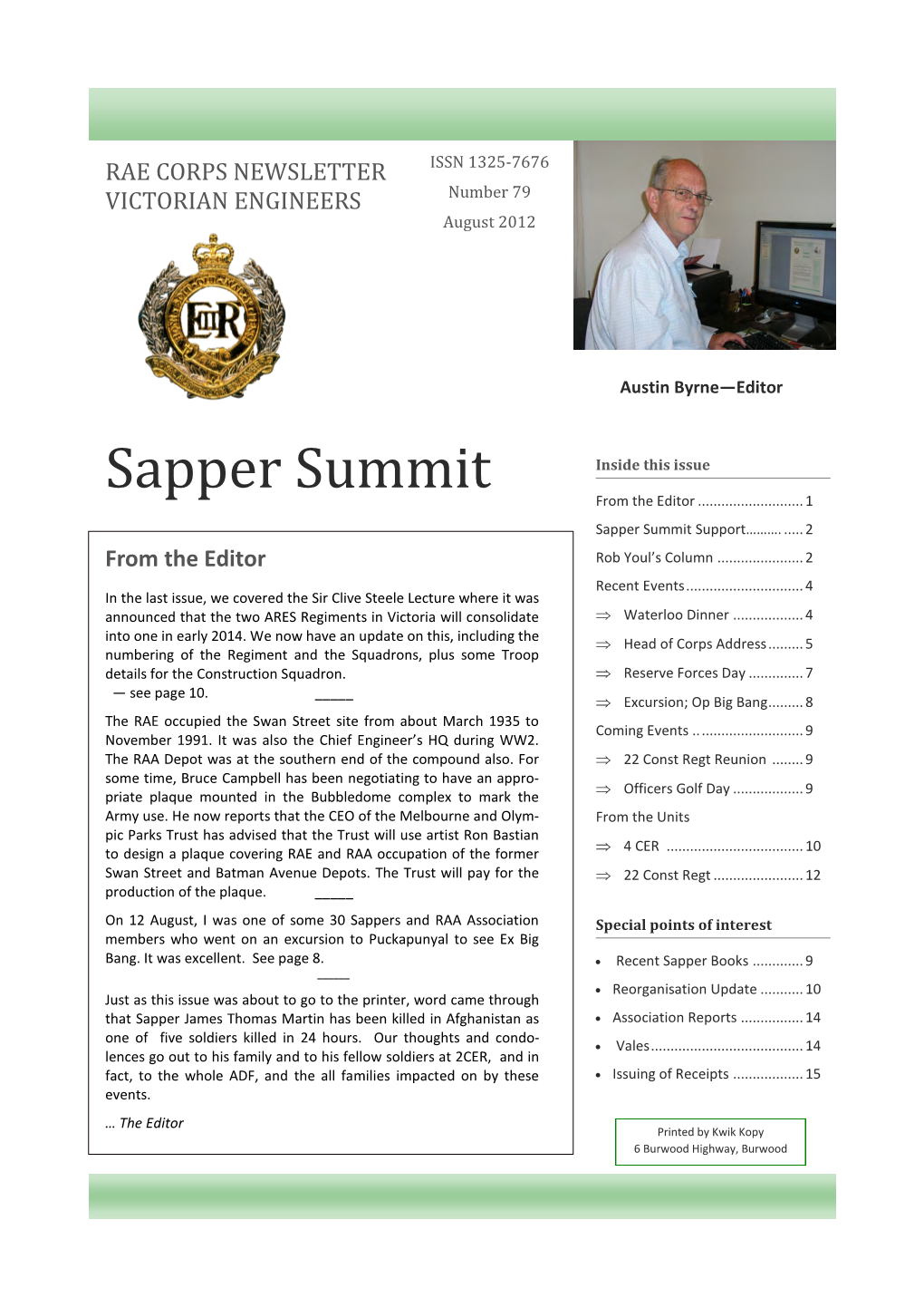Sapper Summit Inside This Issue from the Editor