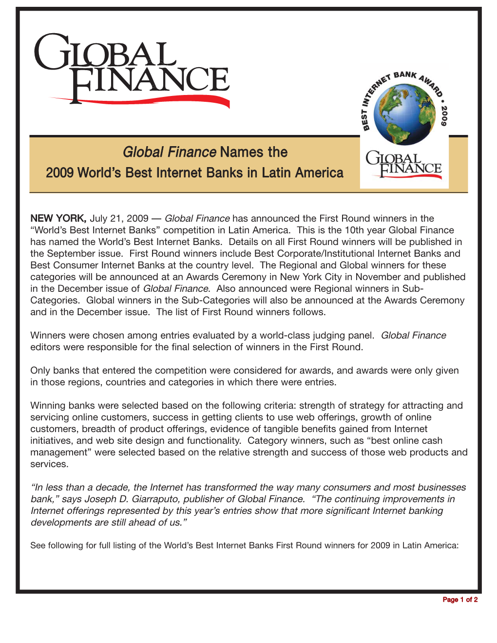 Global Finance Names the 2009 World’S Best Internet Banks in Latin America