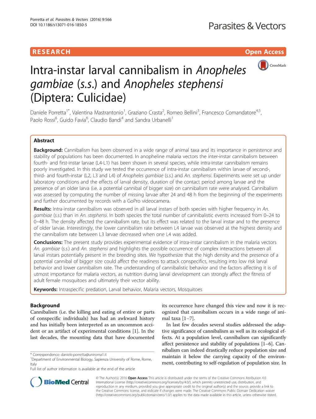 Intra-Instar Larval Cannibalism in Anopheles Gambiae (S.S.) and Anopheles Stephensi (Diptera: Culicidae)