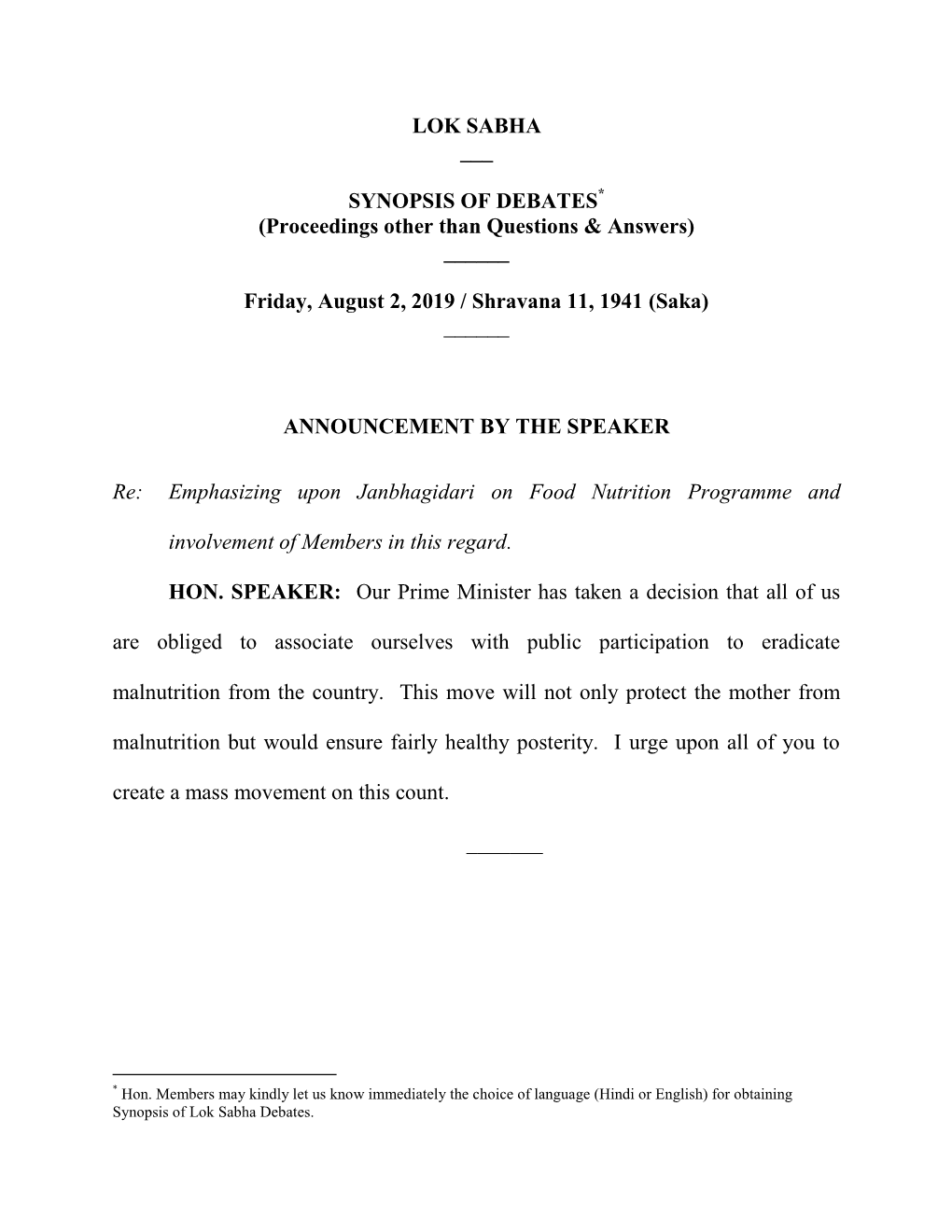 LOK SABHA ___ SYNOPSIS of DEBATES (Proceedings Other Than