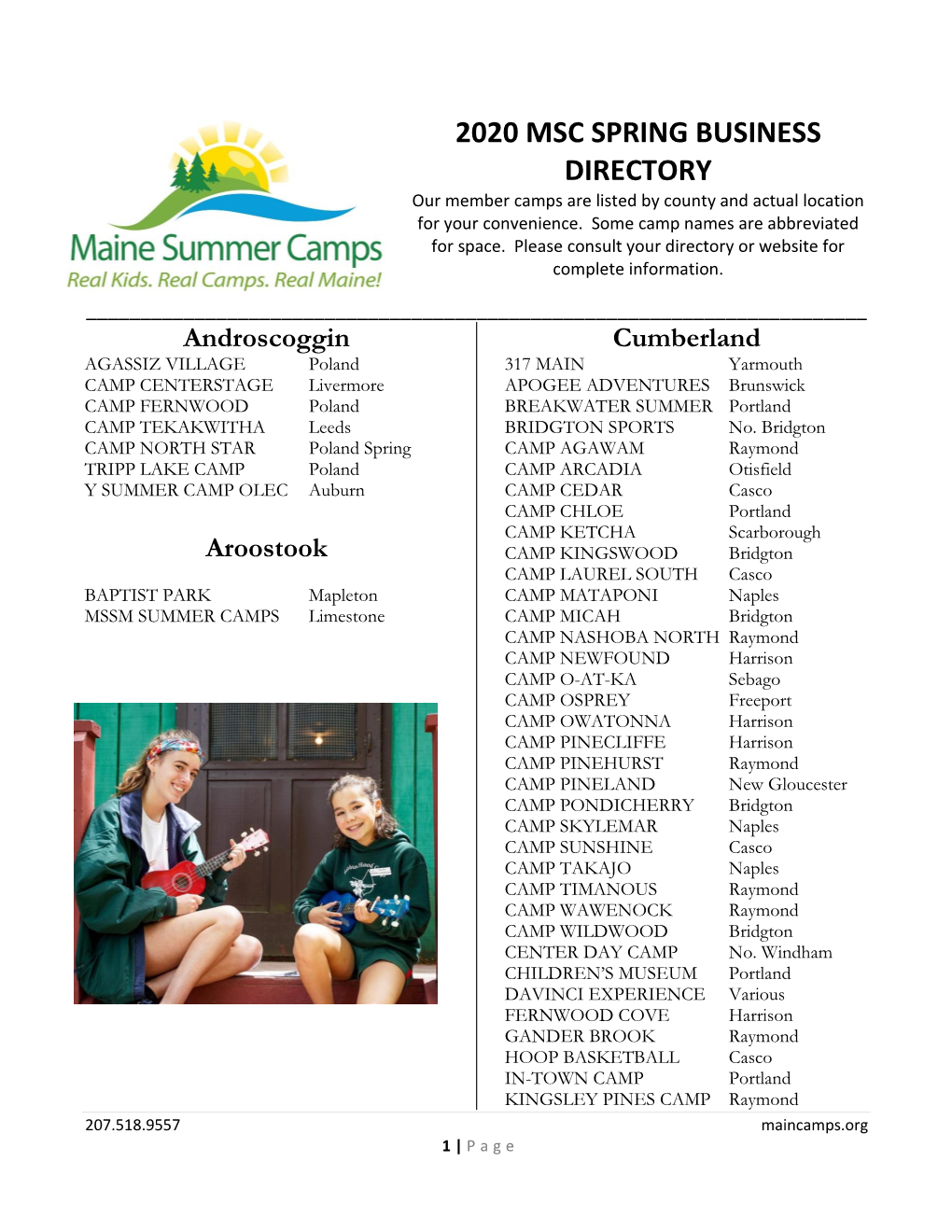 2020 MSC SPRING BUSINESS DIRECTORY Our Member Camps Are Listed by County and Actual Location for Your Convenience