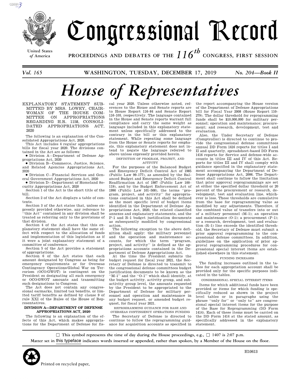 Congressional Record United States Th of America PROCEEDINGS and DEBATES of the 116 CONGRESS, FIRST SESSION