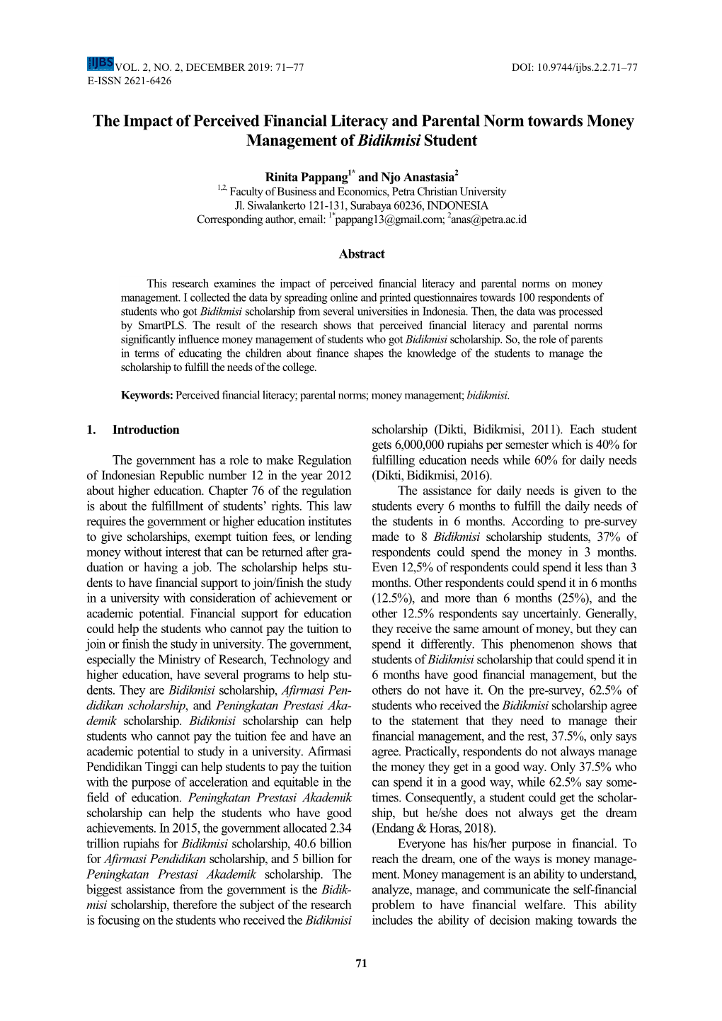 The Impact of Perceived Financial Literacy and Parental Norm Towards Money Management of Bidikmisi Student