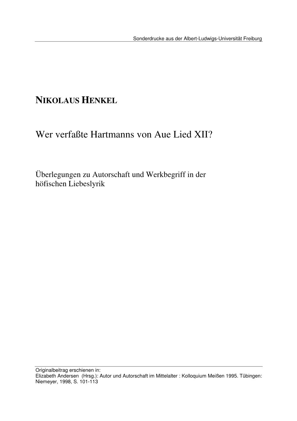 Wer Verfaßte Hartmanns Von Aue Lied XII?