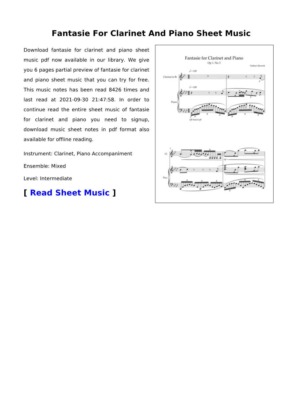 Fantasie for Clarinet and Piano Sheet Music