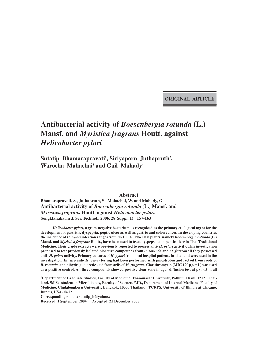 Antibacterial Activity of Boesenbergia Rotunda (L.) Mansf. and Myristica Fragrans Houtt