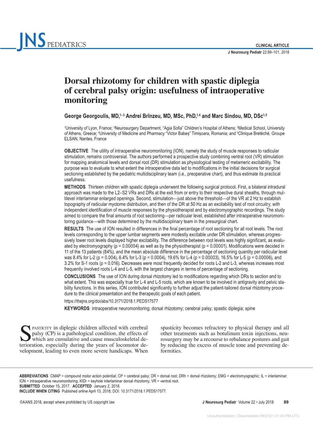 Dorsal Rhizotomy for Children with Spastic Diplegia of Cerebral Palsy Origin: Usefulness of Intraoperative Monitoring