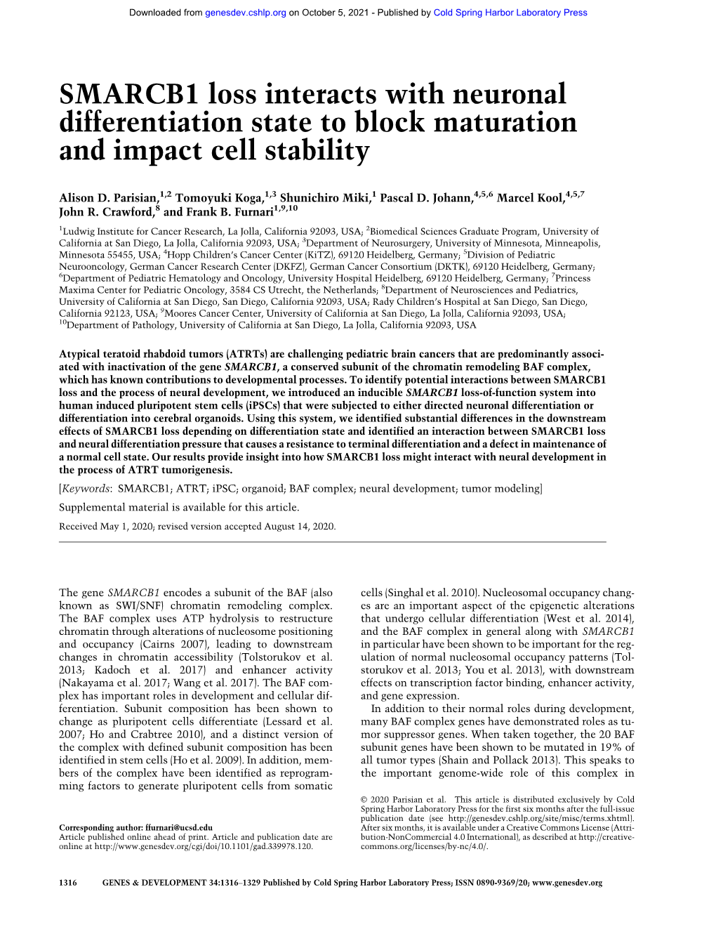 SMARCB1 Loss Interacts with Neuronal Differentiation State to Block Maturation and Impact Cell Stability