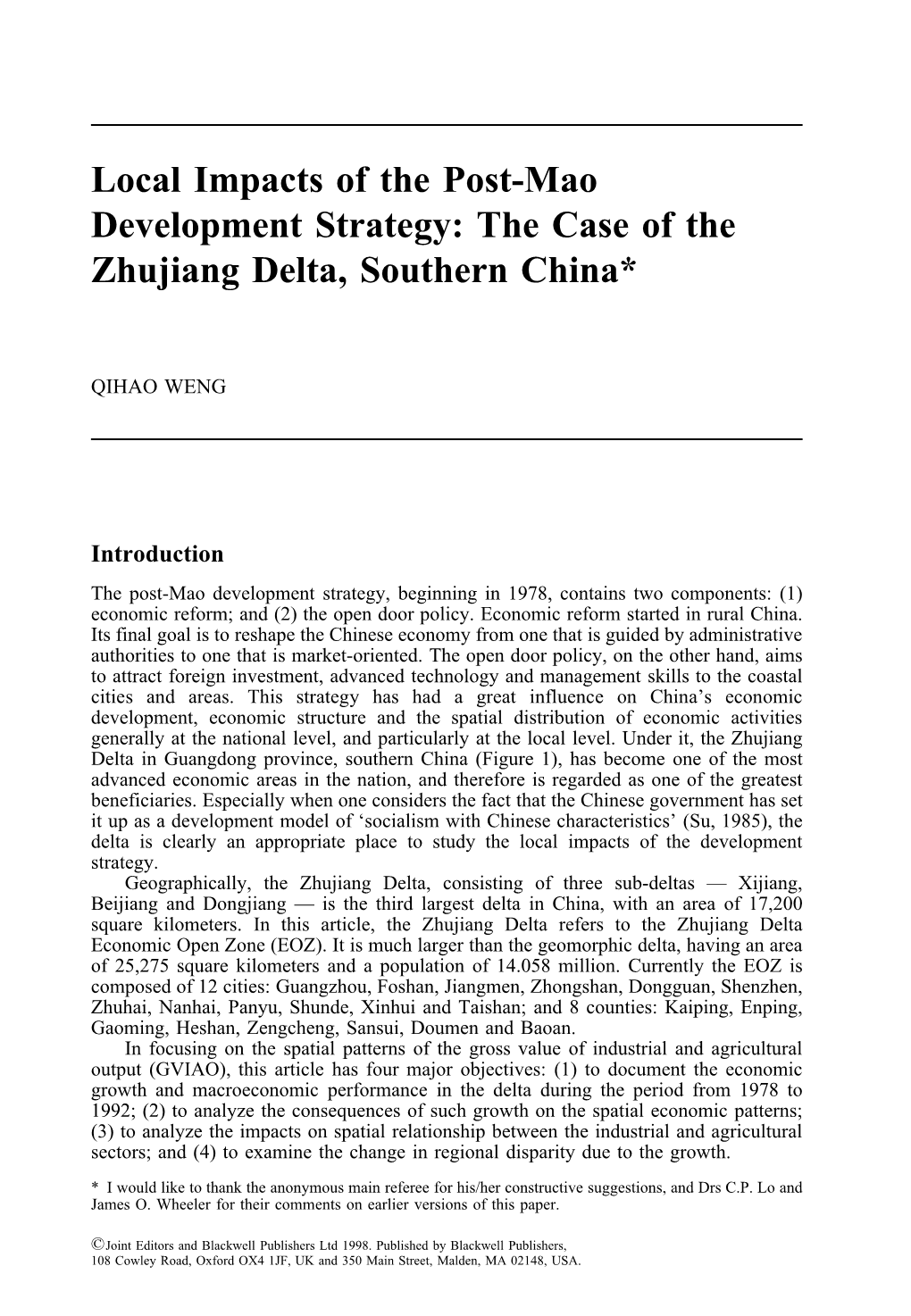 Local Impacts of the Post-Mao Development Strategy: the Case of the Zhujiang Delta, Southern China*