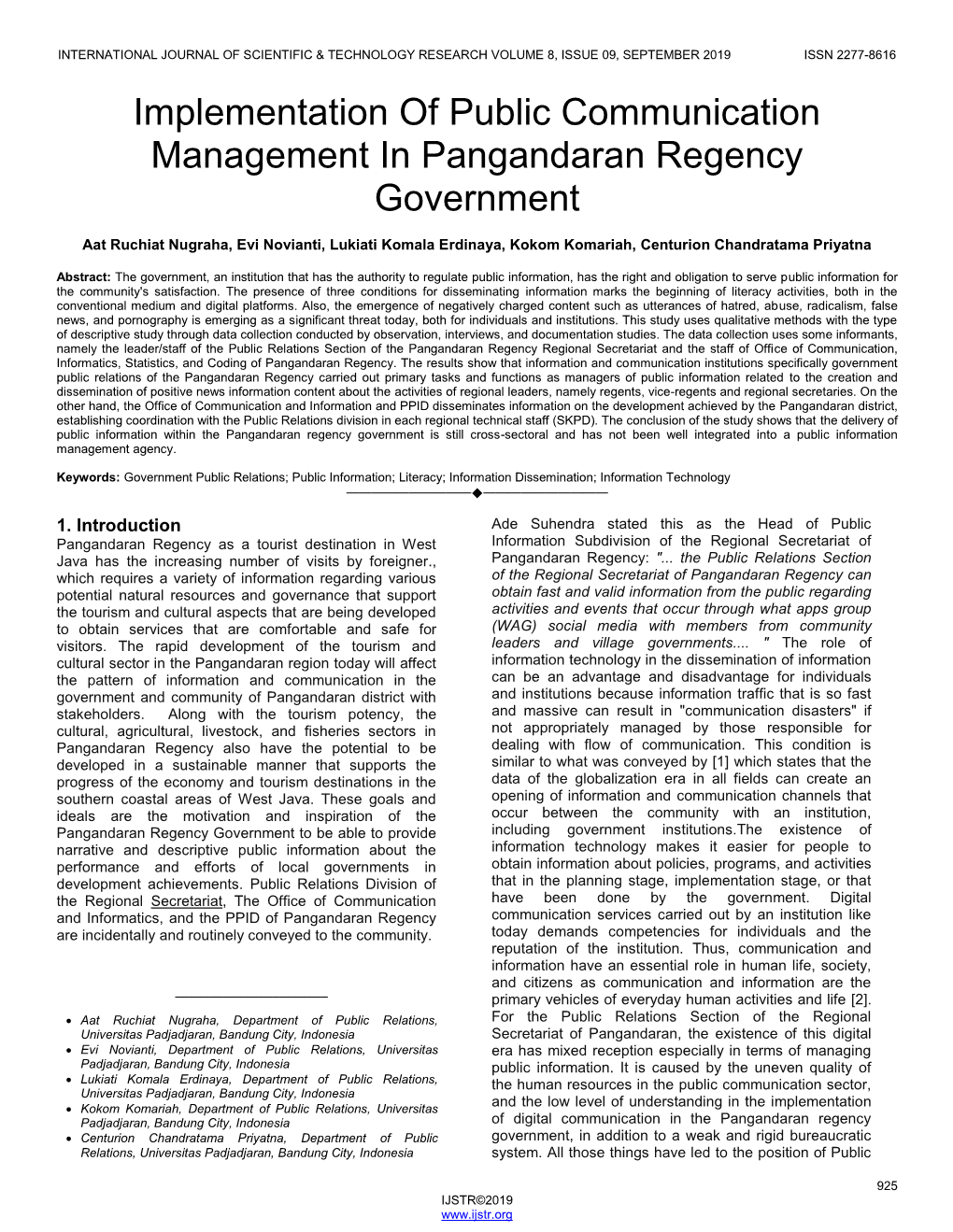 Implementation of Public Communication Management in Pangandaran Regency Government