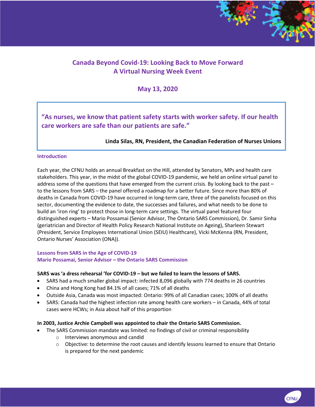 Canada Beyond Covid-19: Looking Back to Move Forward a Virtual Nursing Week Event May 13, 2020