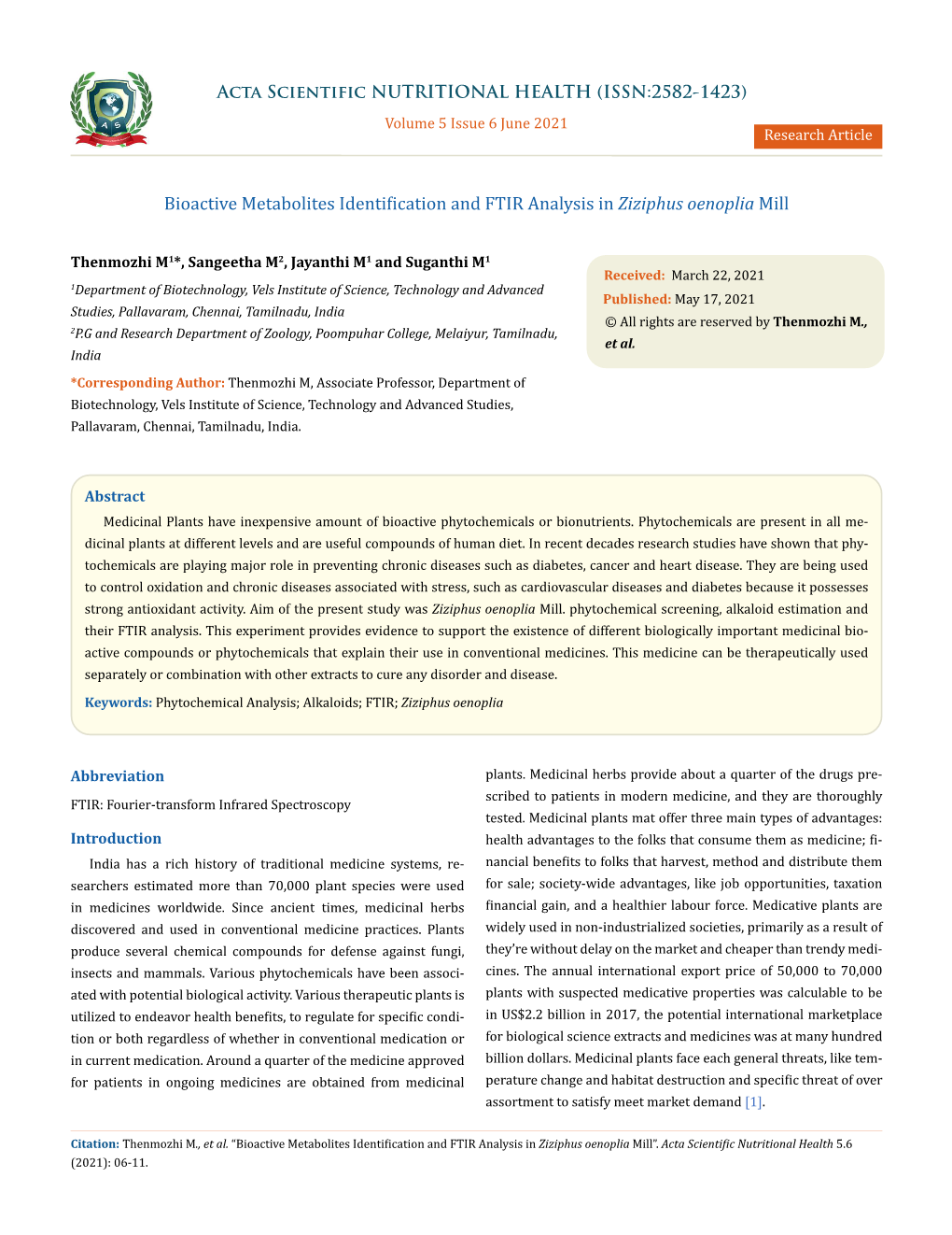 Bioactive Metabolites Identification and FTIR Analysis in Ziziphus Oenoplia Mill