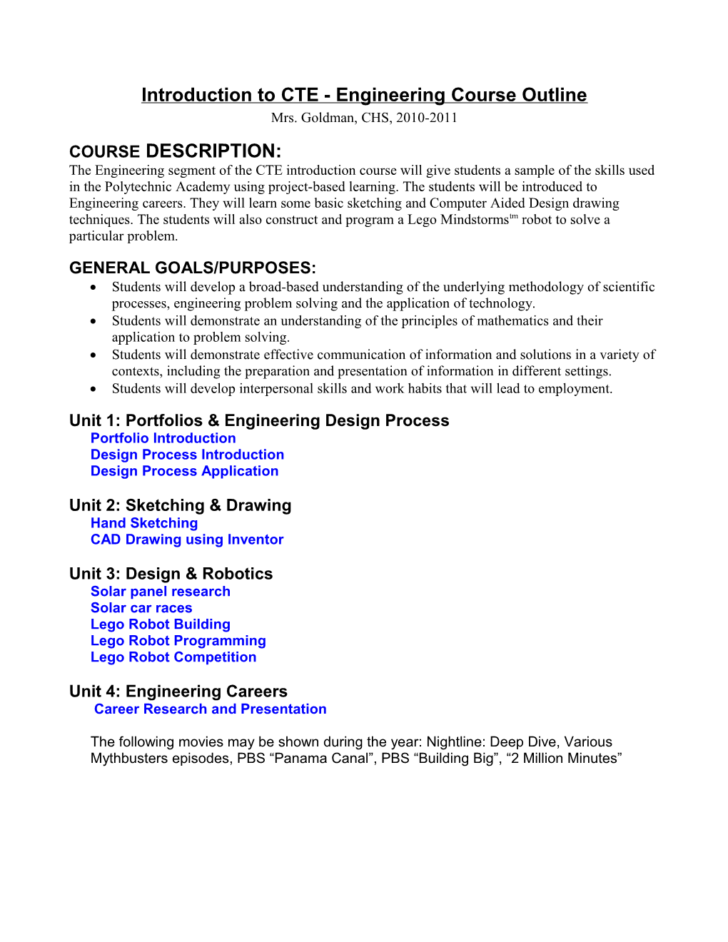 Introduction to Engineering Design Course Outline