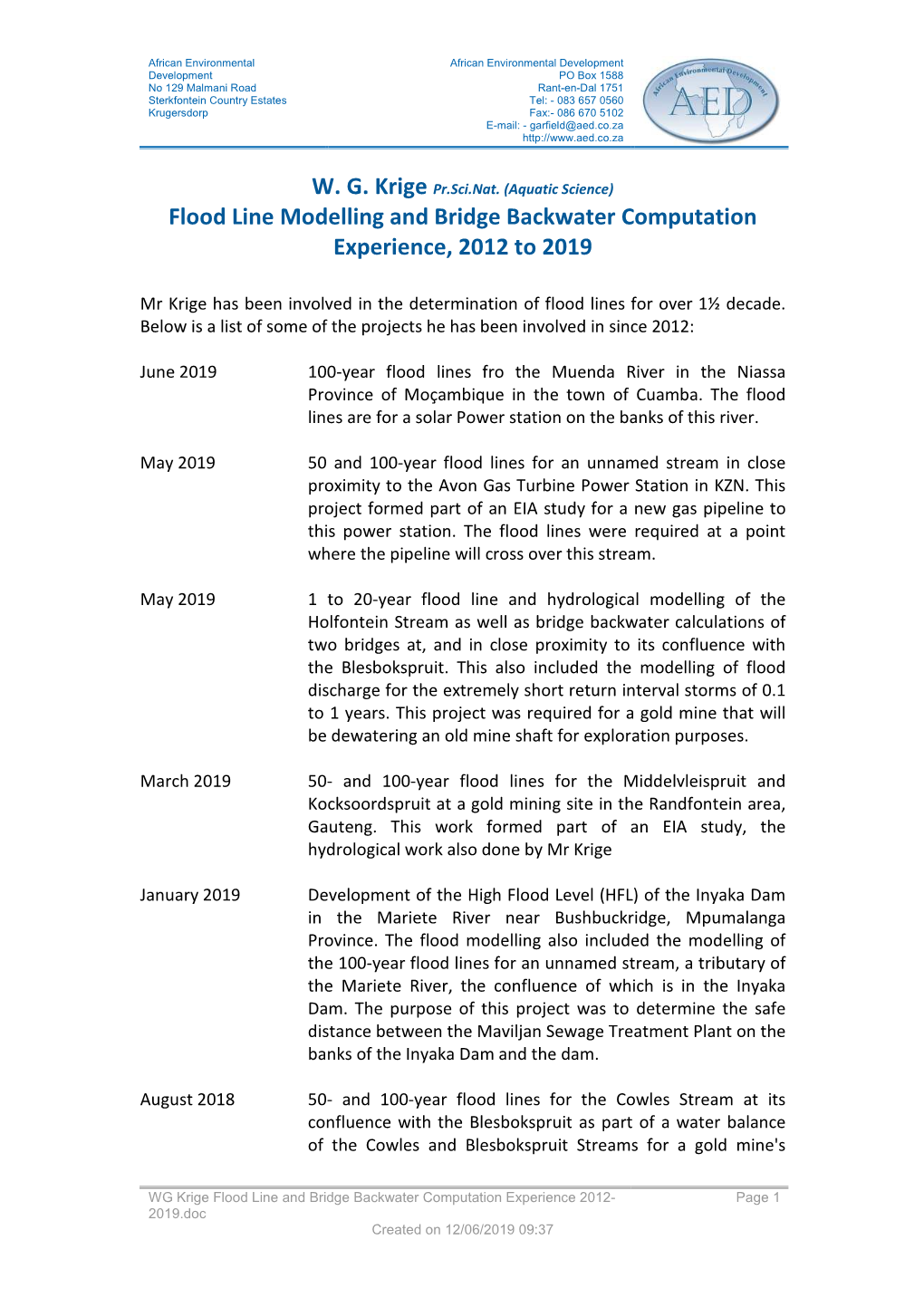 WG Krige Flood Line and Bridge Backwater Computation Exper…