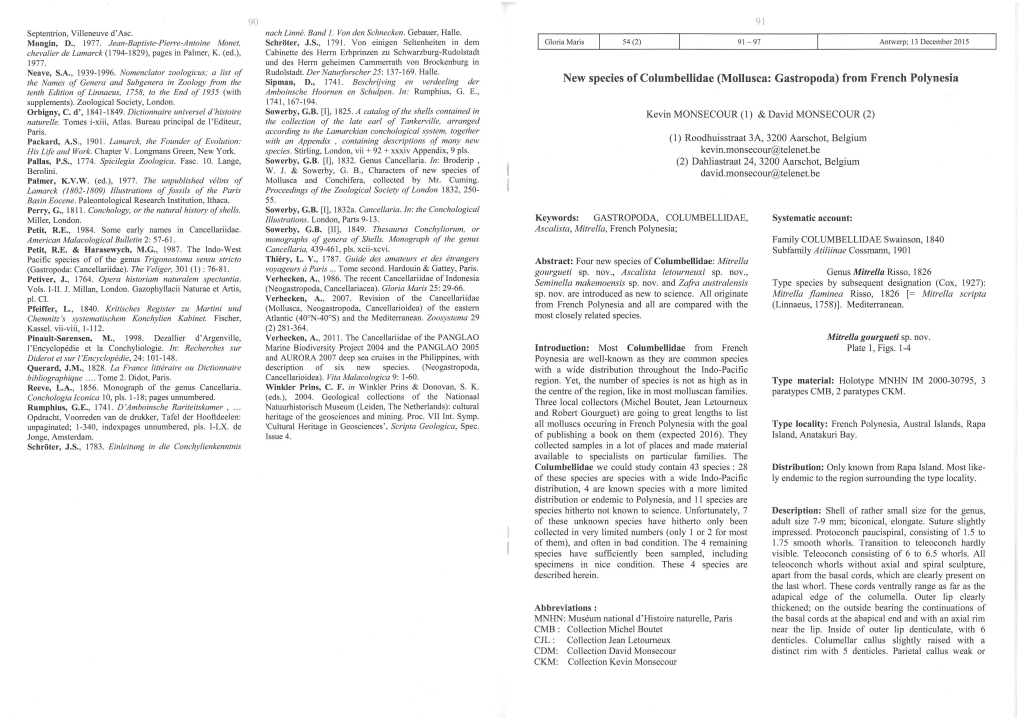 New Species of Columbellidae (Mollusca: Gastropoda) from French Polynesia Tenth Edition of Linnaeus, 1758, to the End of 1935 (With Amboinsche Hoornen En Schulpen