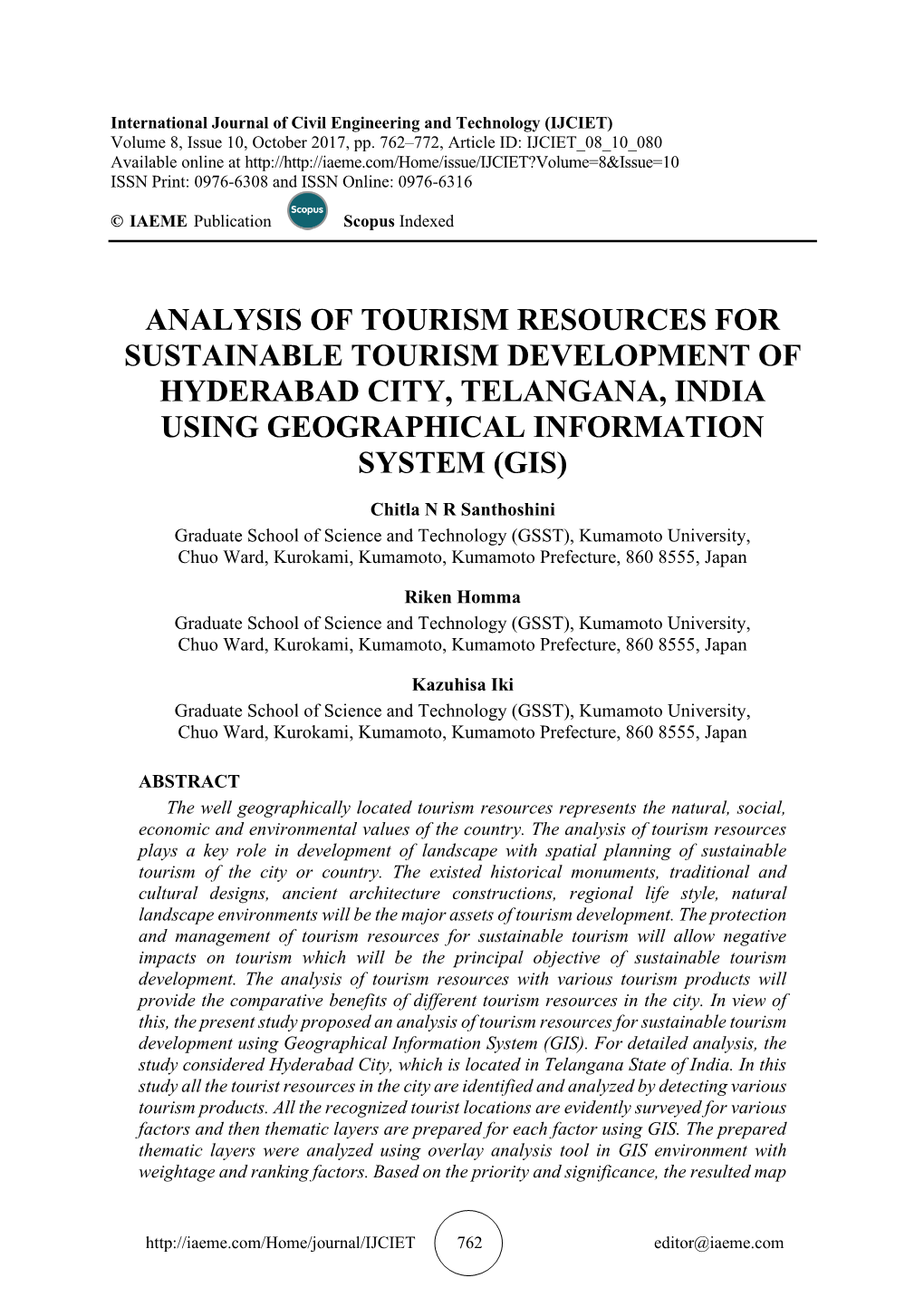 Analysis of Tourism Resources for Sustainable Tourism Development of Hyderabad City, Telangana, India Using Geographical Information System (Gis)