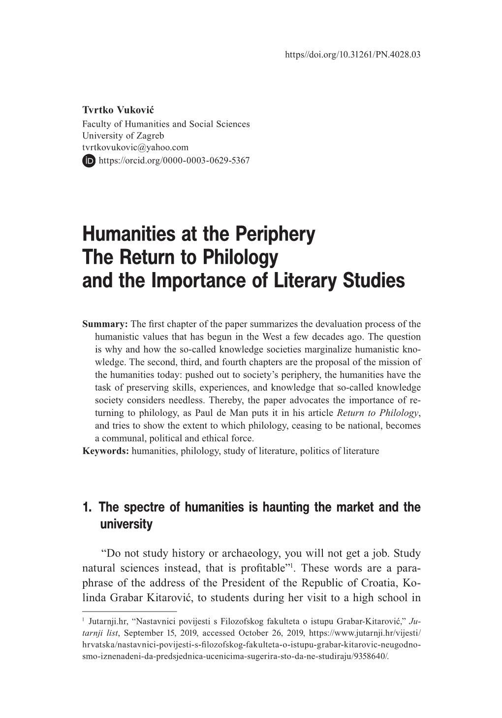 Humanities at the Periphery the Return to Philology and the Importance of Literary Studies