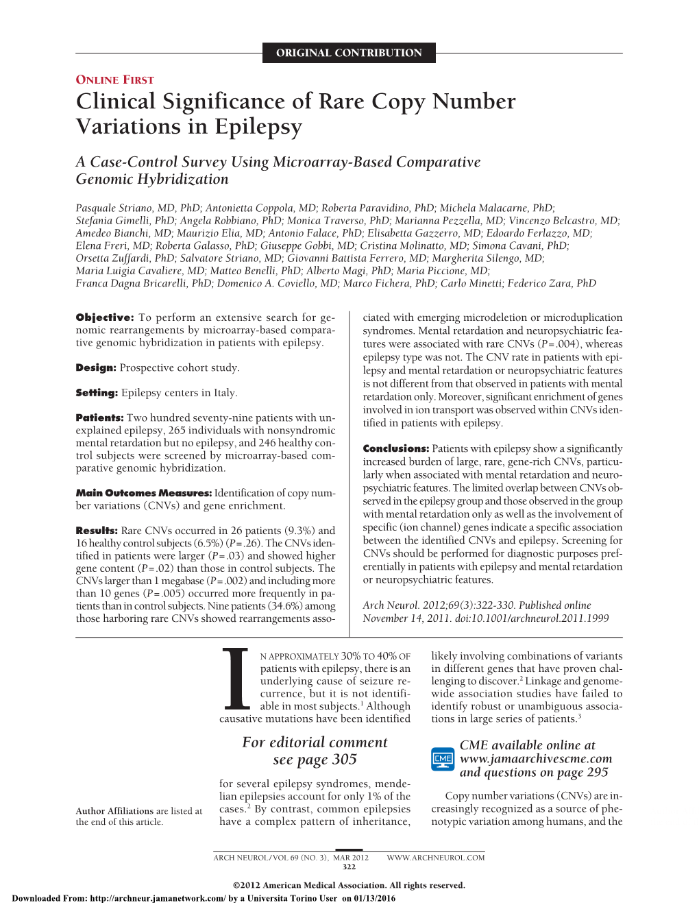 Clinical Significance of Rare Copy Number Variations in Epilepsy:€€A