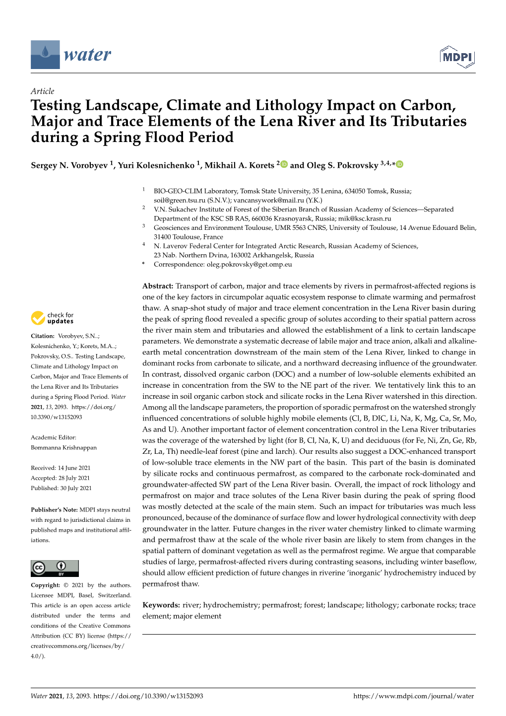 Testing Landscape, Climate and Lithology Impact on Carbon, Major and Trace Elements of the Lena River and Its Tributaries During a Spring Flood Period