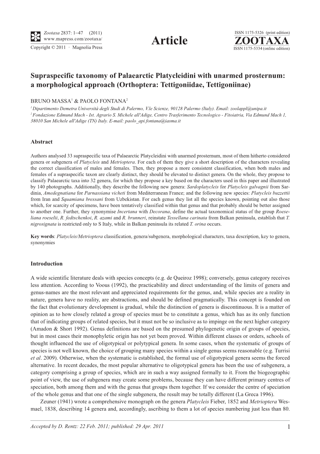 Supraspecific Taxonomy of Palaearctic Platycleidini with Unarmed Prosternum: a Morphological Approach (Orthoptera: Tettigoniidae, Tettigoniinae)