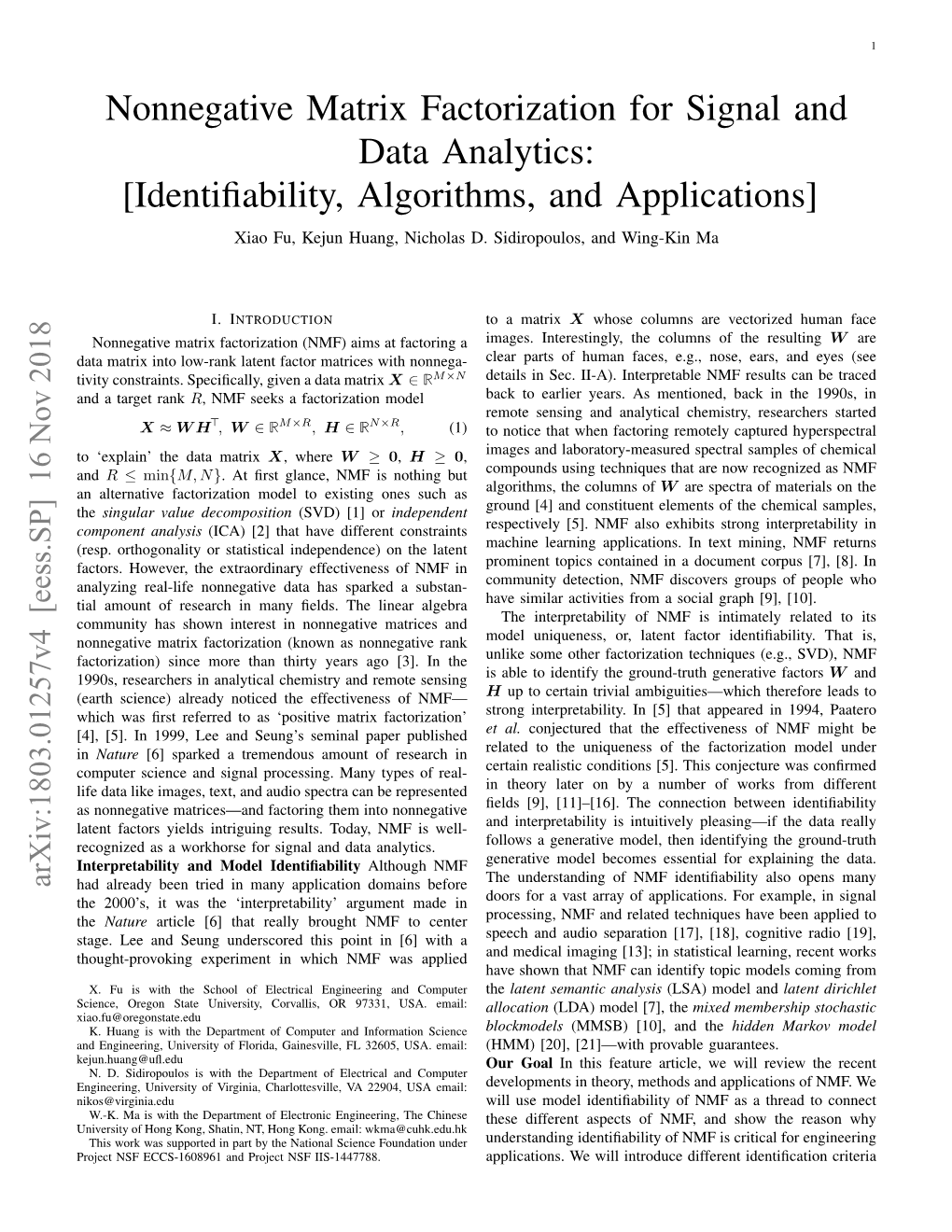 Nonnegative Matrix Factorization for Signal and Data Analytics: [Identiﬁability, Algorithms, and Applications] Xiao Fu, Kejun Huang, Nicholas D