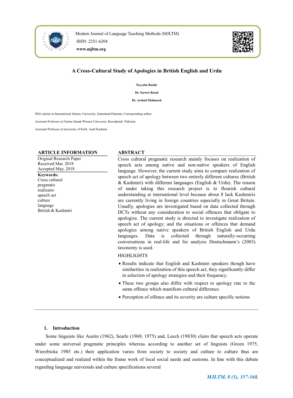 A Cross-Cultural Study of Apologies in British English and Urdu