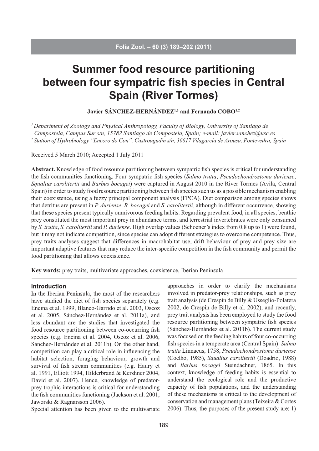 Summer Food Resource Partitioning Between Four Sympatric Fish Species in Central Spain (River Tormes)