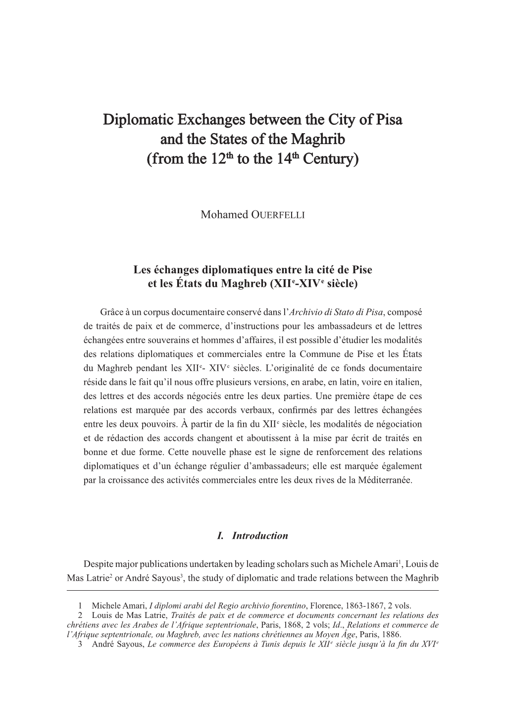 Diplomatic Exchanges Between the City of Pisa and the States of the Maghrib (From the 12Th to the 14Th Century)