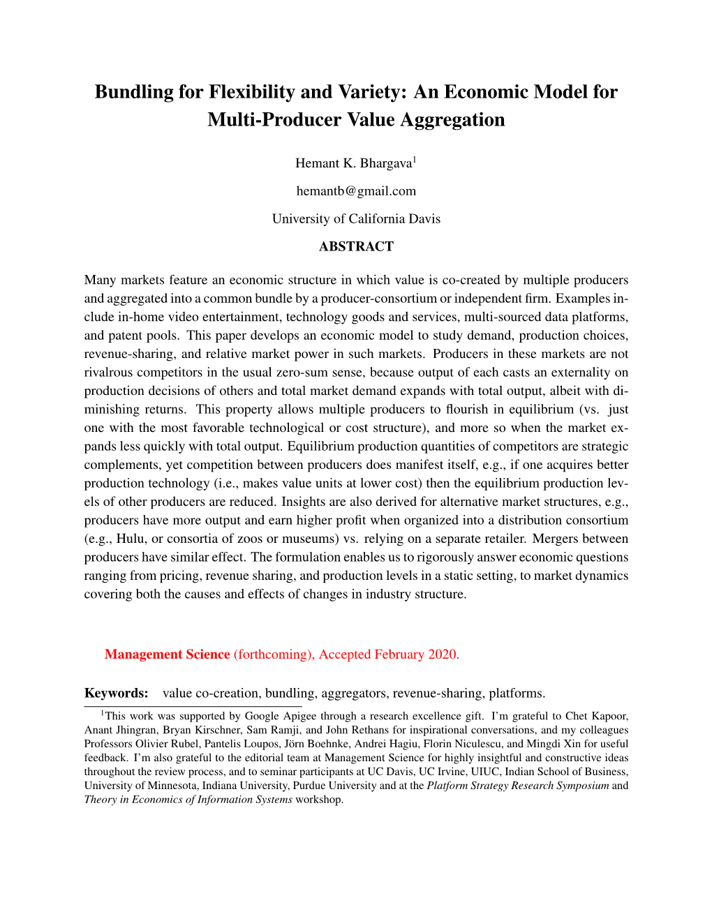 Bundling for Flexibility and Variety: an Economic Model for Multi-Producer Value Aggregation