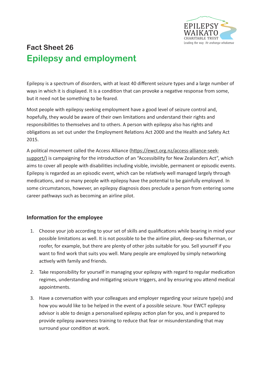 EWCT – Fact Sheet 26 – Epilepsy and Employment