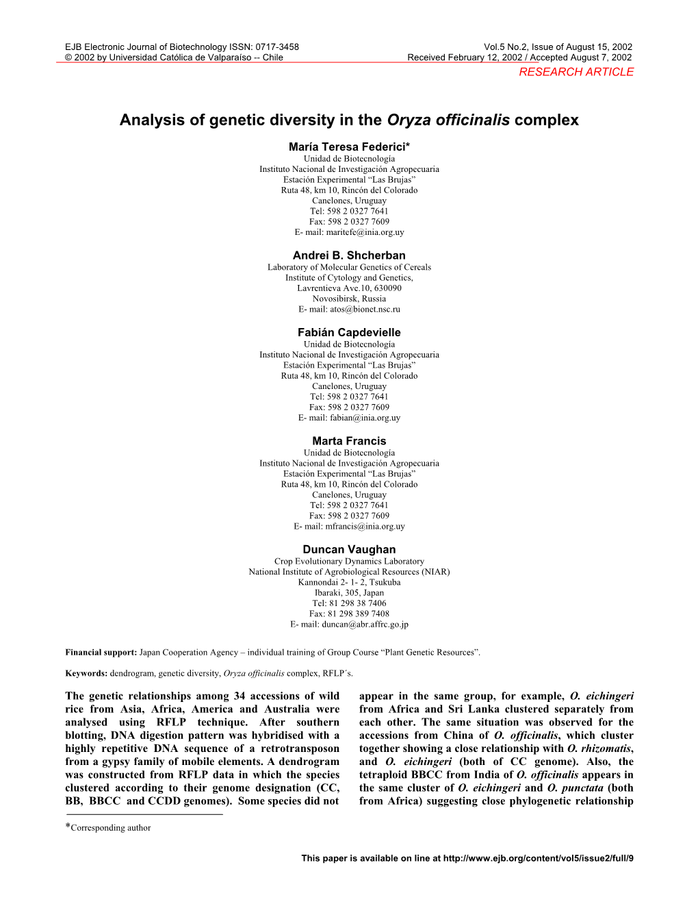 Analysis of Genetic Diversity in the Oryza Officinalis Complex