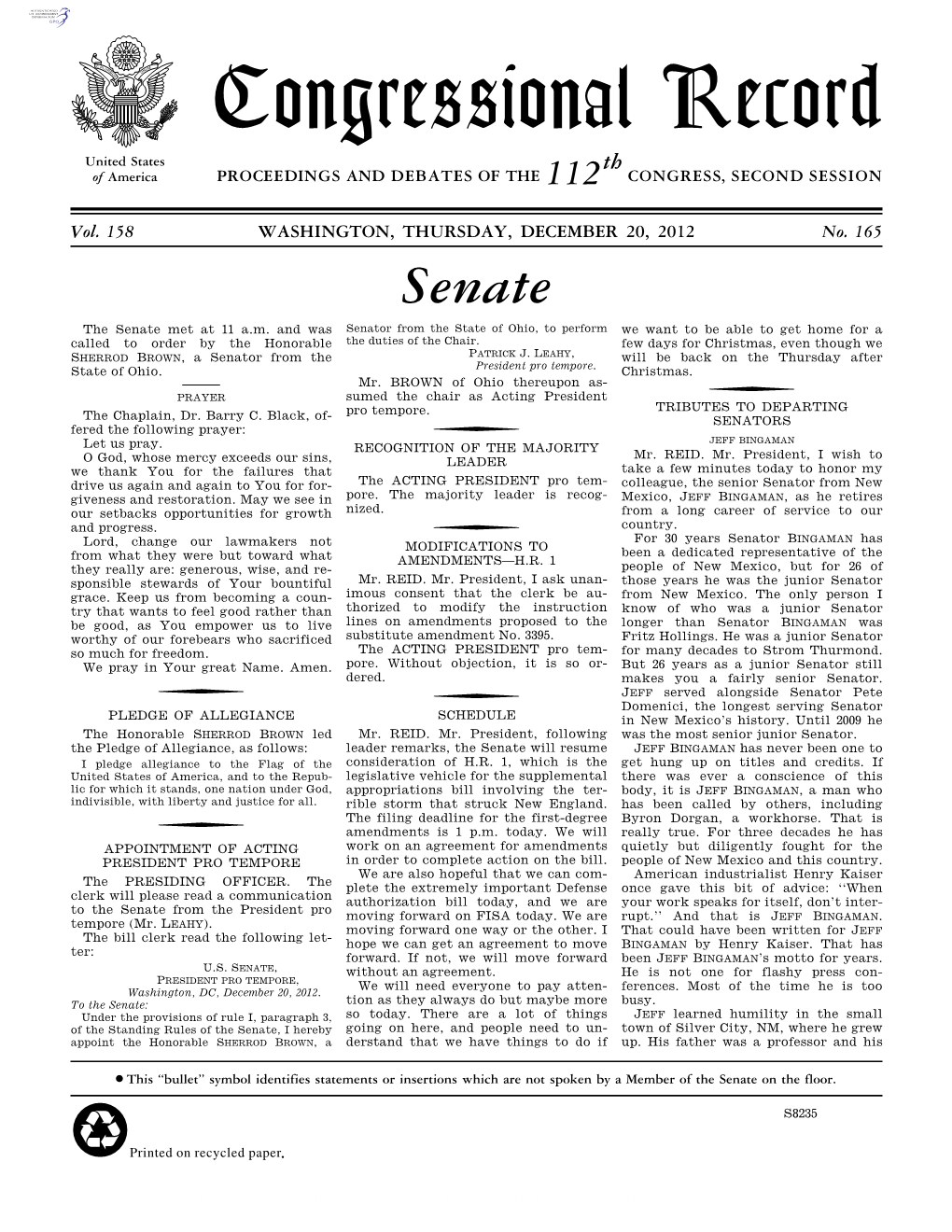 Congressional Record United States Th of America PROCEEDINGS and DEBATES of the 112 CONGRESS, SECOND SESSION