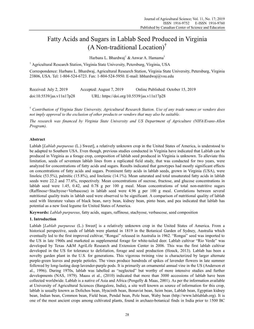 Fatty Acids and Sugars in Lablab Seed Produced in Virginia (A Non-Traditional Location)†