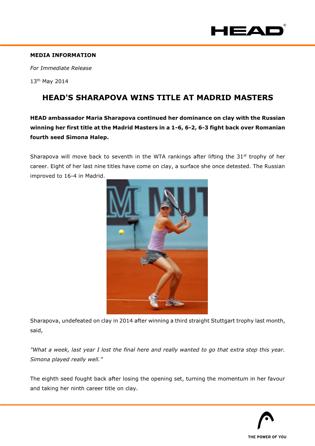 Head's Sharapova Wins Title at Madrid Masters