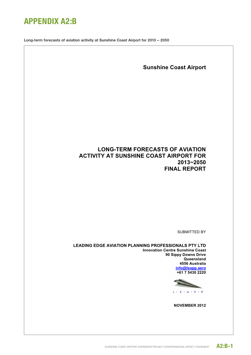 Long-Term Forecasts of Aviation Activity at Sunshine Coast Airport for 2013 – 2050