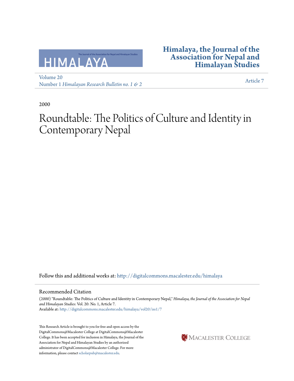 The Politics of Culture and Identity in Contemporary Nepal