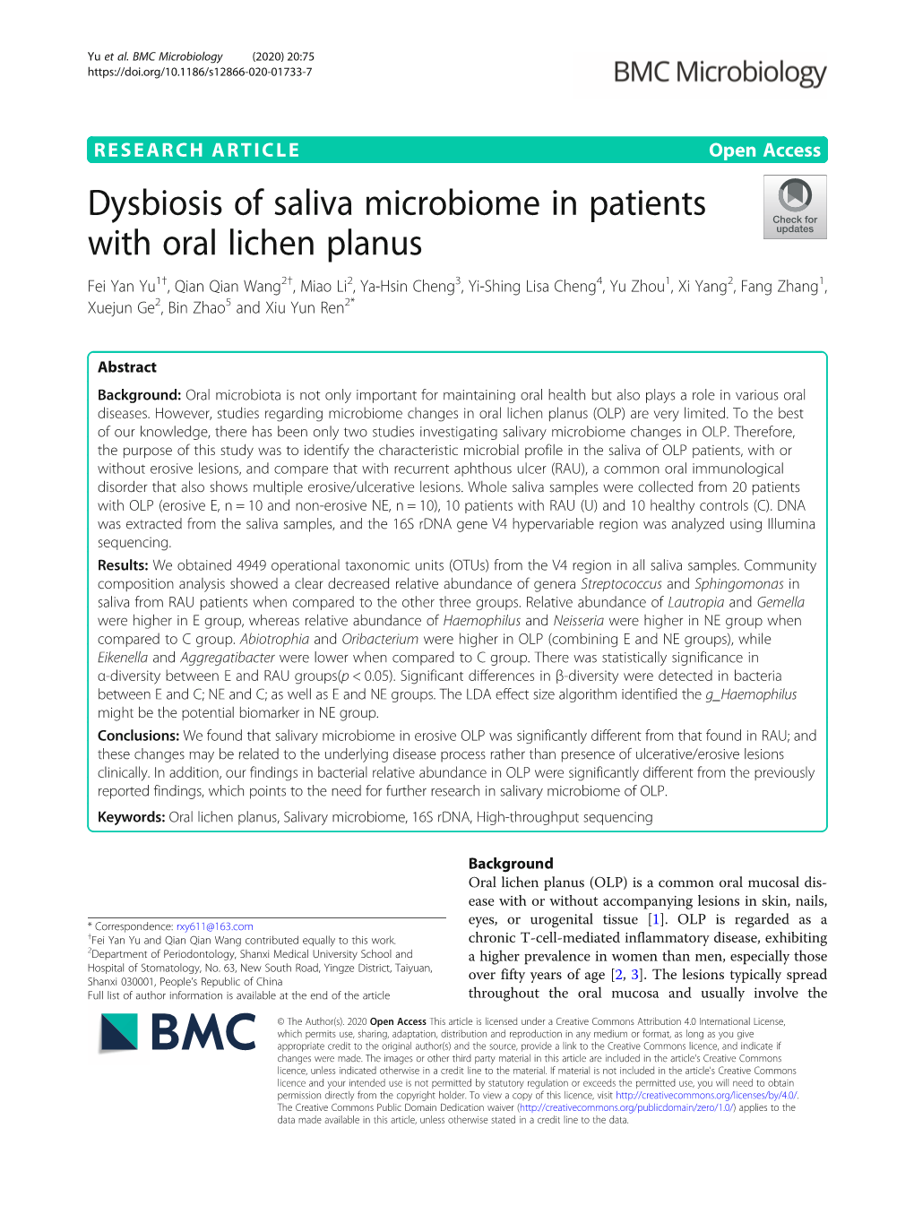Dysbiosis of Saliva Microbiome in Patients With