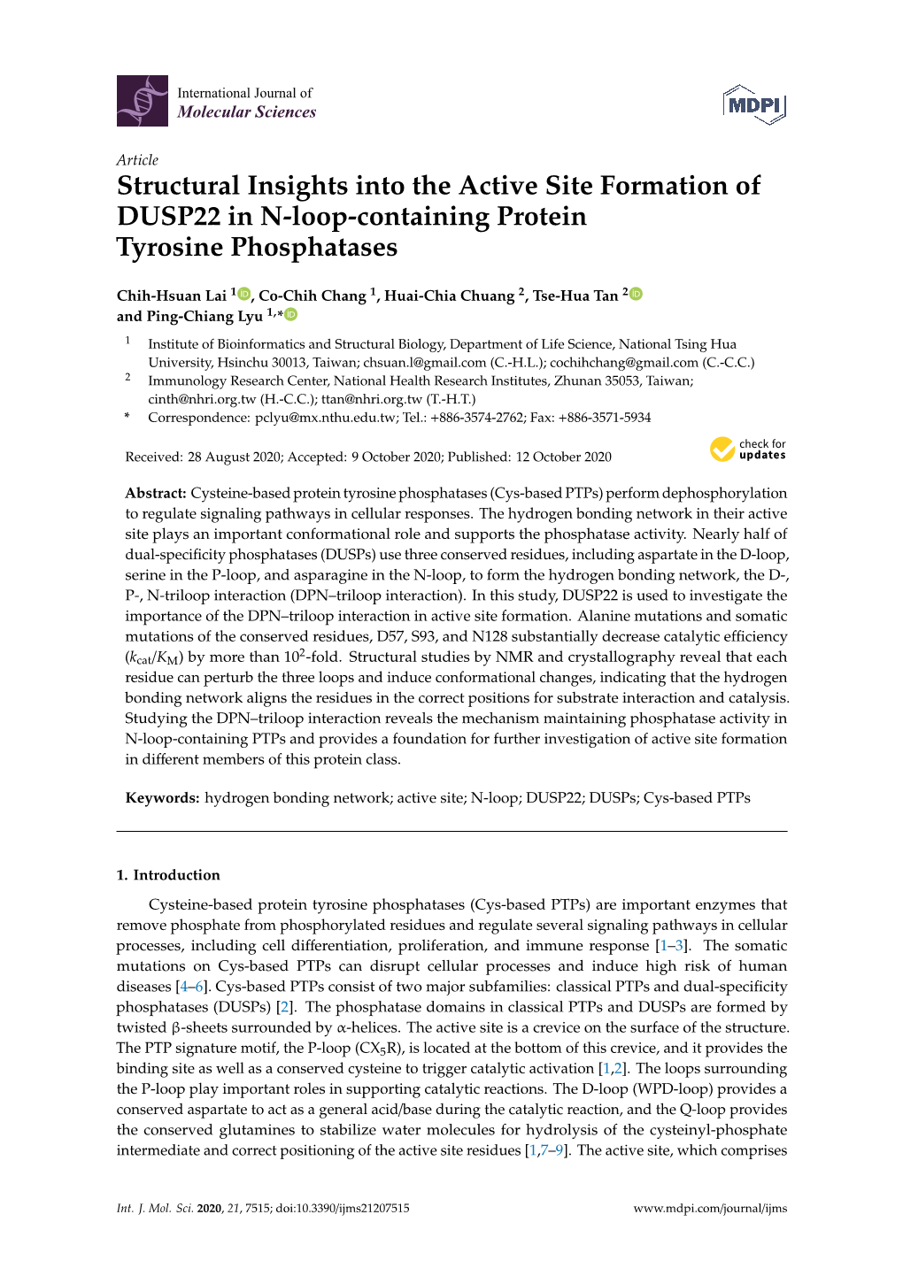 Structural Insights Into the Active Site Formation of DUSP22 in N-Loop-Containing Protein Tyrosine Phosphatases